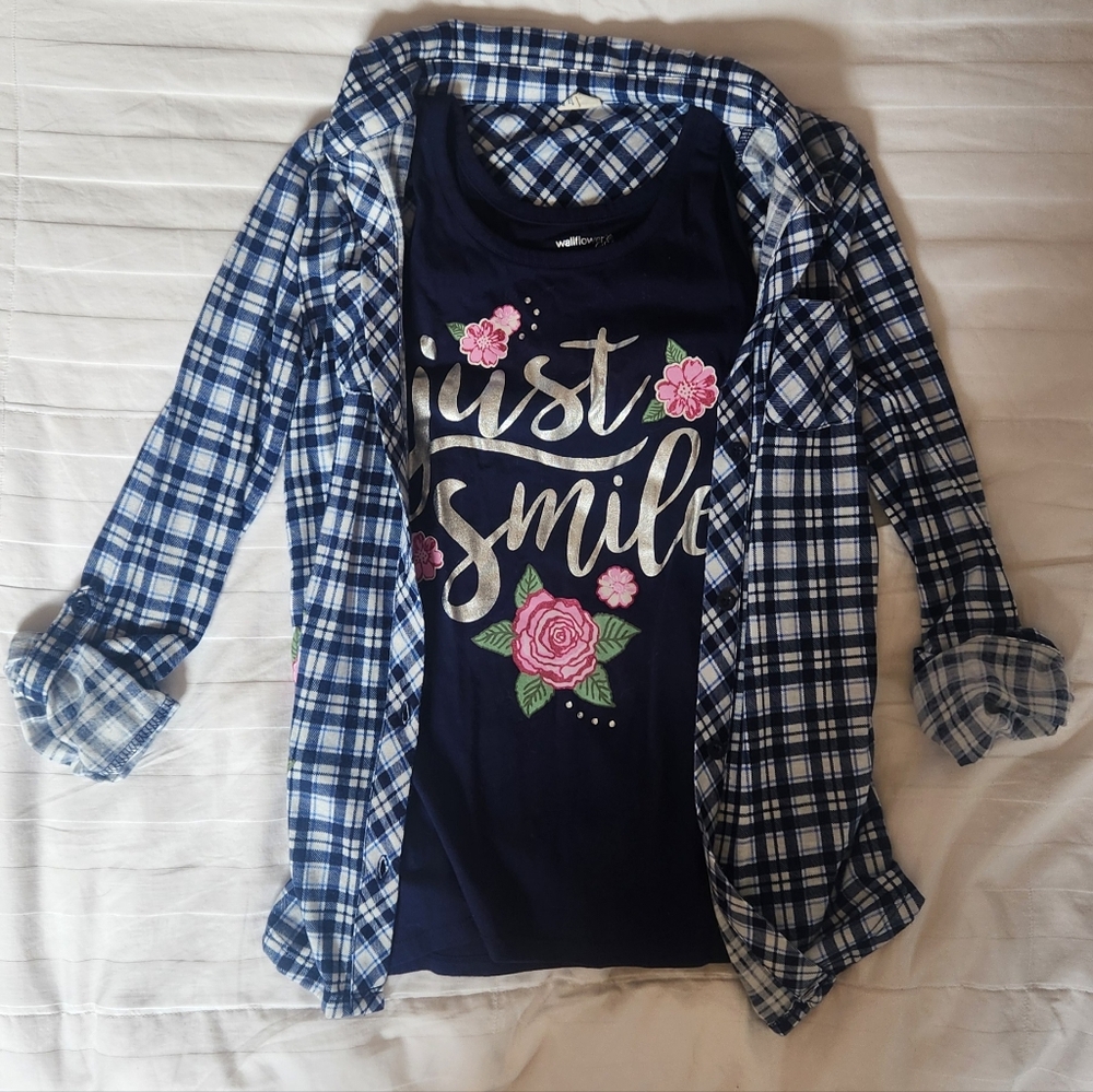 Cute Blue Plaid Matching Shirt Set